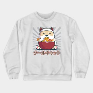 Cute japanese cat, kawaii eat noodles Crewneck Sweatshirt